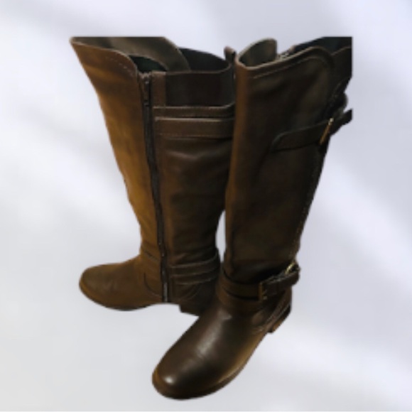 Call It Spring Size 7 Dark Chocolate Brown Knee High Full inside zipper Buckles - Picture 1 of 16